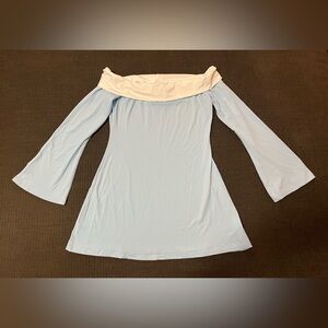 Light Blue Off-Shoulder Bell Sleeve Mini Dress with White Foldover Neck
